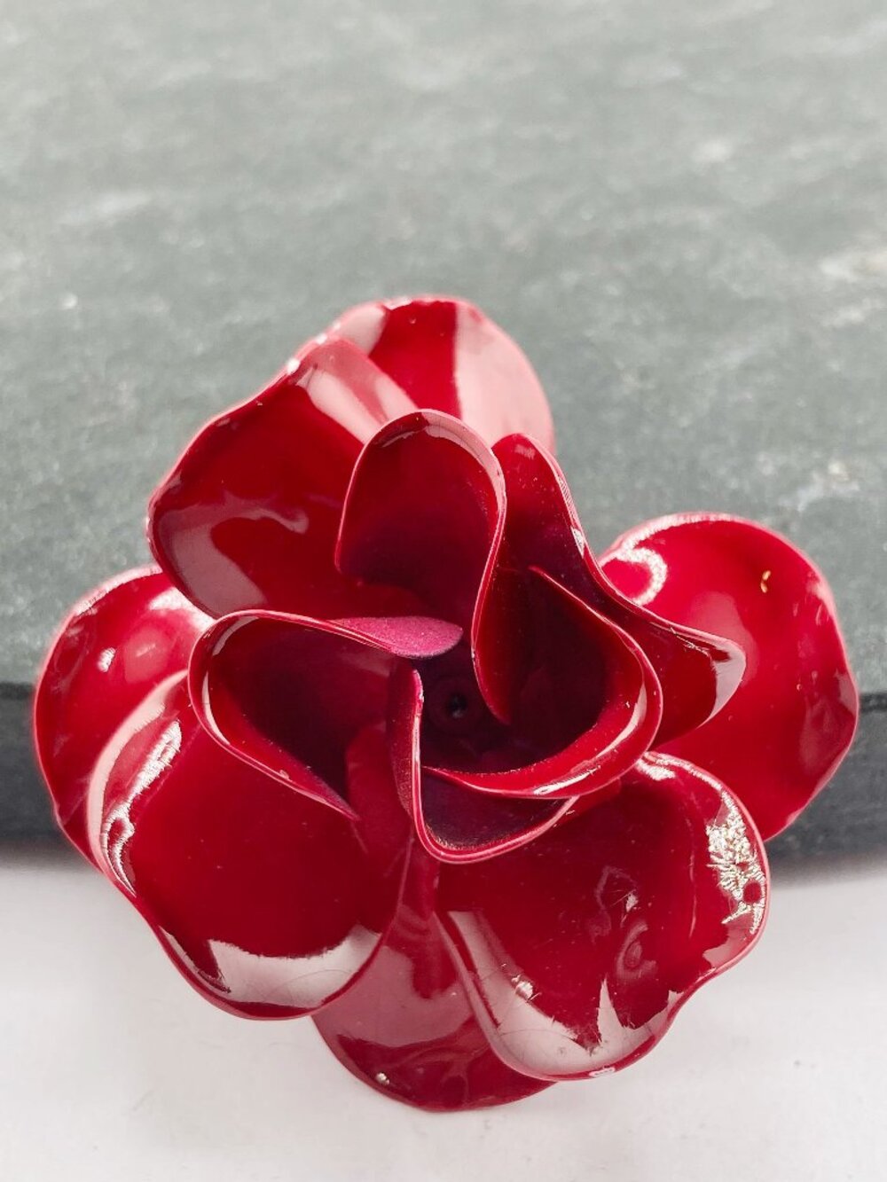 VINTAGE Big dark red enamel rose brooch ~ 1950s 1960s romantic 3D flower pin